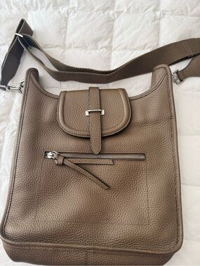 Taupe Pebbled Leather Crossbody with Zippered Top
